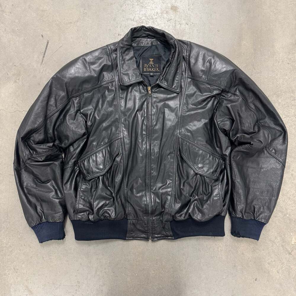 Vintage Byrnes & Baker Black Leather Bomber Jacket XL Made in Korea